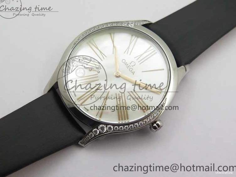 0811 Ladies’ De Ville Trésor Diamond SS 3AF 1:1 Best Edition White MOP Dial RG Markers On Black Fabric strap Swiss Quartz Comfortable 7884